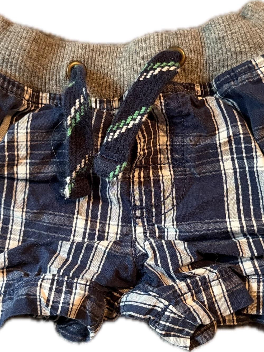 Navy Plaid Pull-On Baby Shorts with Knit Drawstring